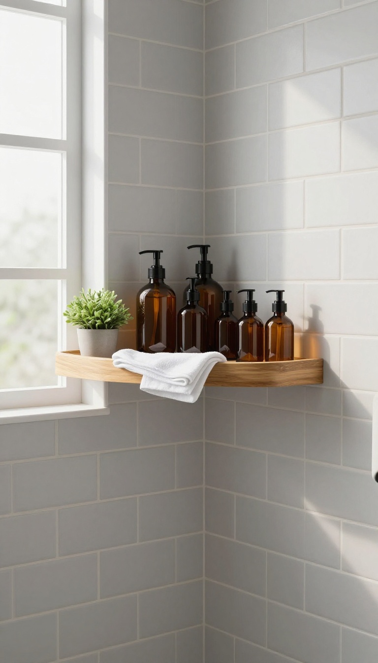 Teak corner shelf in a bright shower with amber bottles and a plant