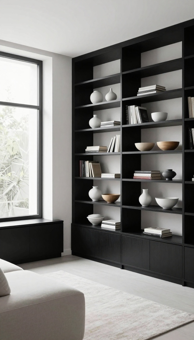 Black built-in bookshelves styled with books and light ceramics against bright white walls in a modern living room