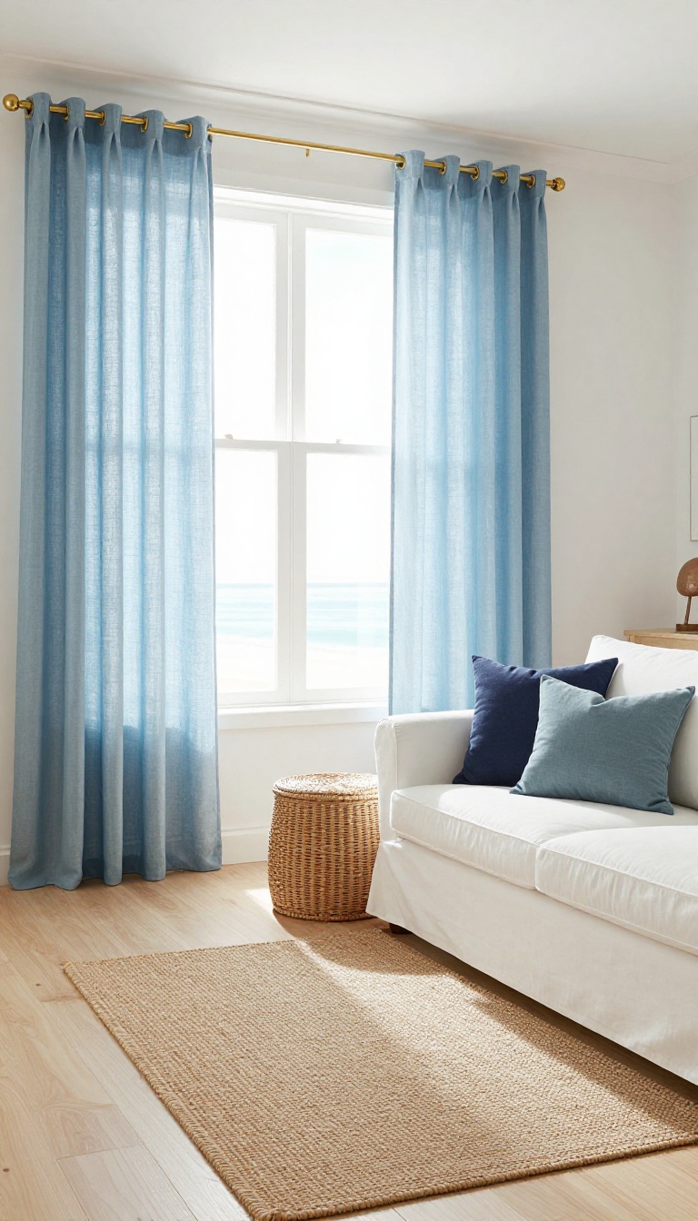Bright coastal living room with flowing light blue linen curtains, white walls, pale wood floors, and a white sofa styled with navy and seafoam pillows
