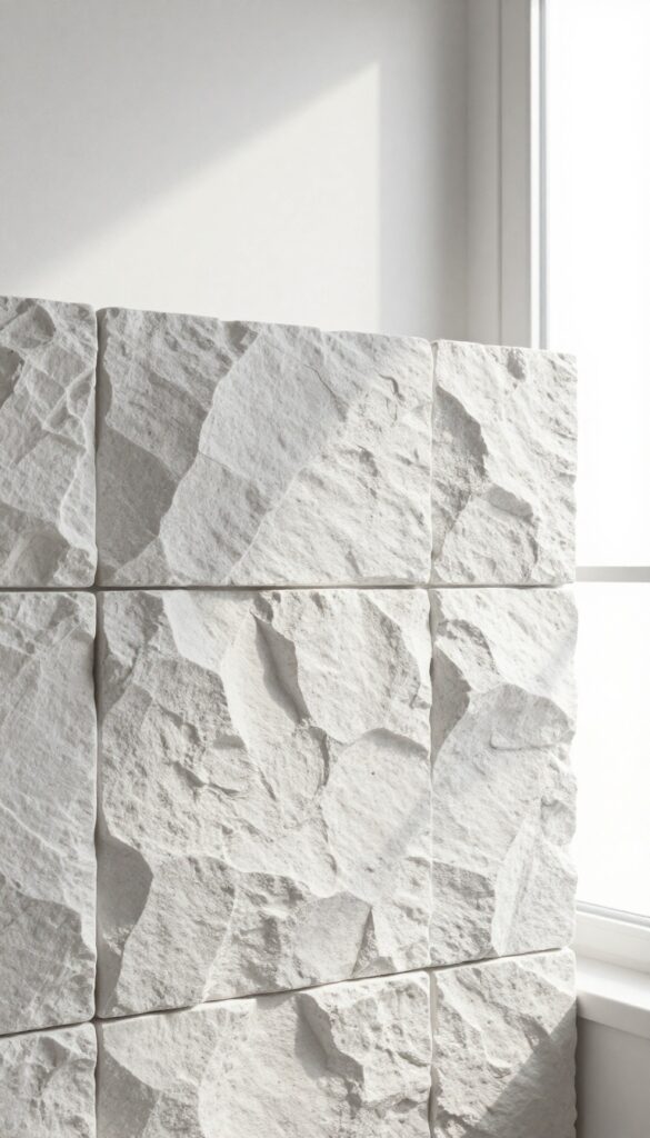 Black and white split-face stone tiles on a shower wall, showcasing natural texture and depth in bright light.