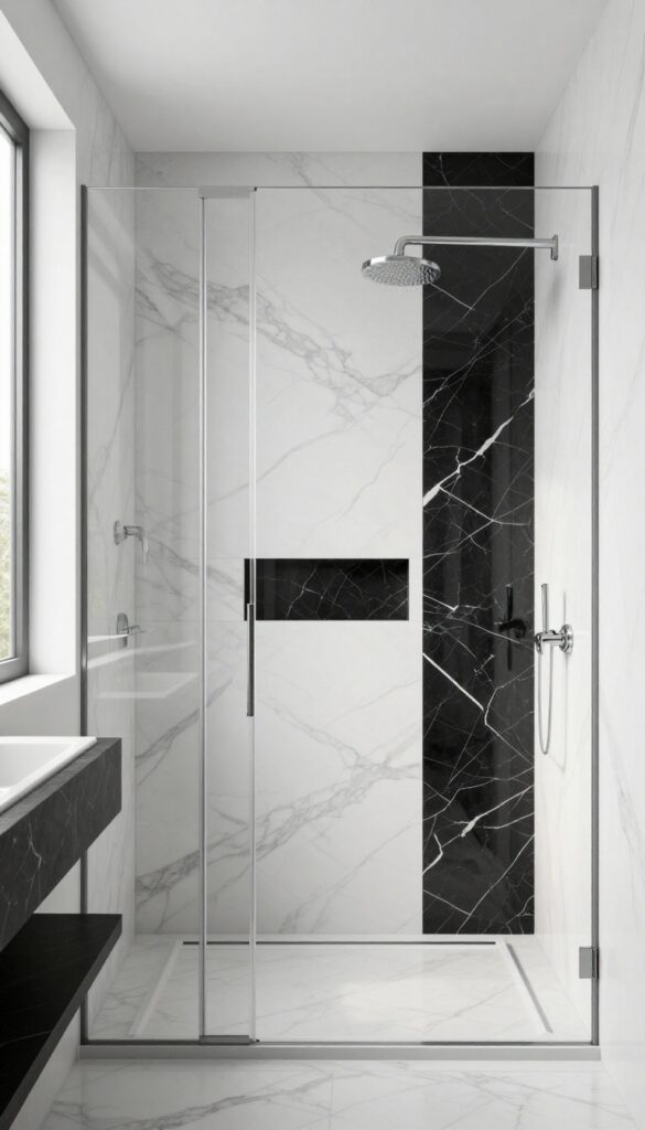 Modern bathroom shower with large-format black and white marble-look porcelain tiles, featuring a black marble accent and bright natural light.