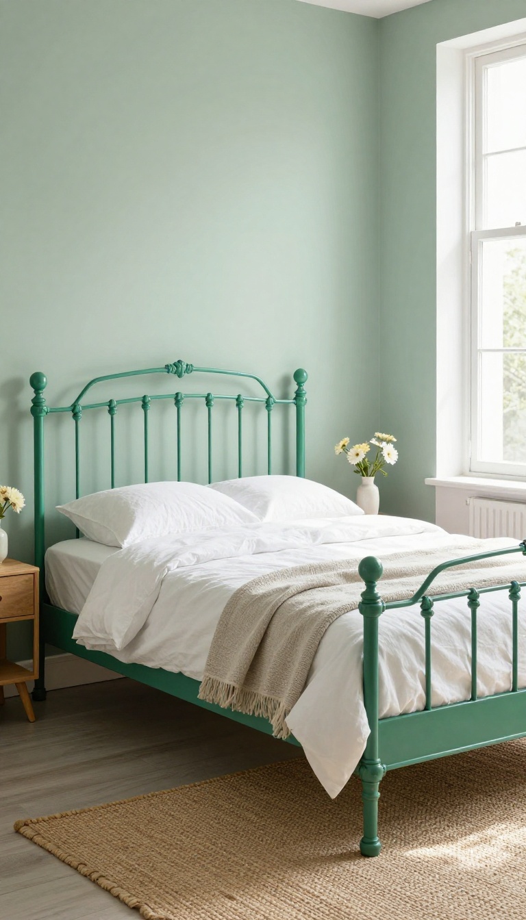Vintage emerald green metal bed frame with curved headboard and spindles in a bright bedroom with white bedding and natural light.