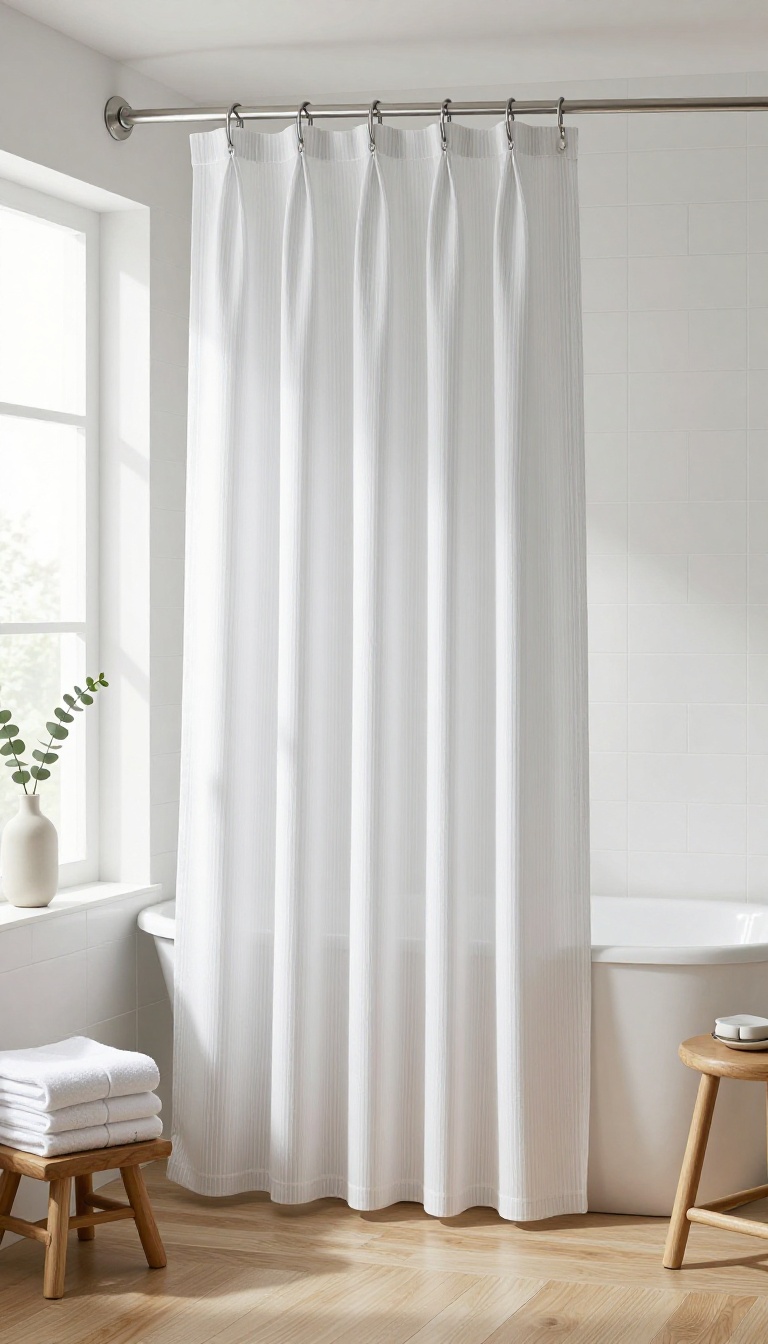 Bright bathroom with a subtle gray-and-white striped shower curtain, white subway tile, and folded towels on a wooden stool in soft natural light