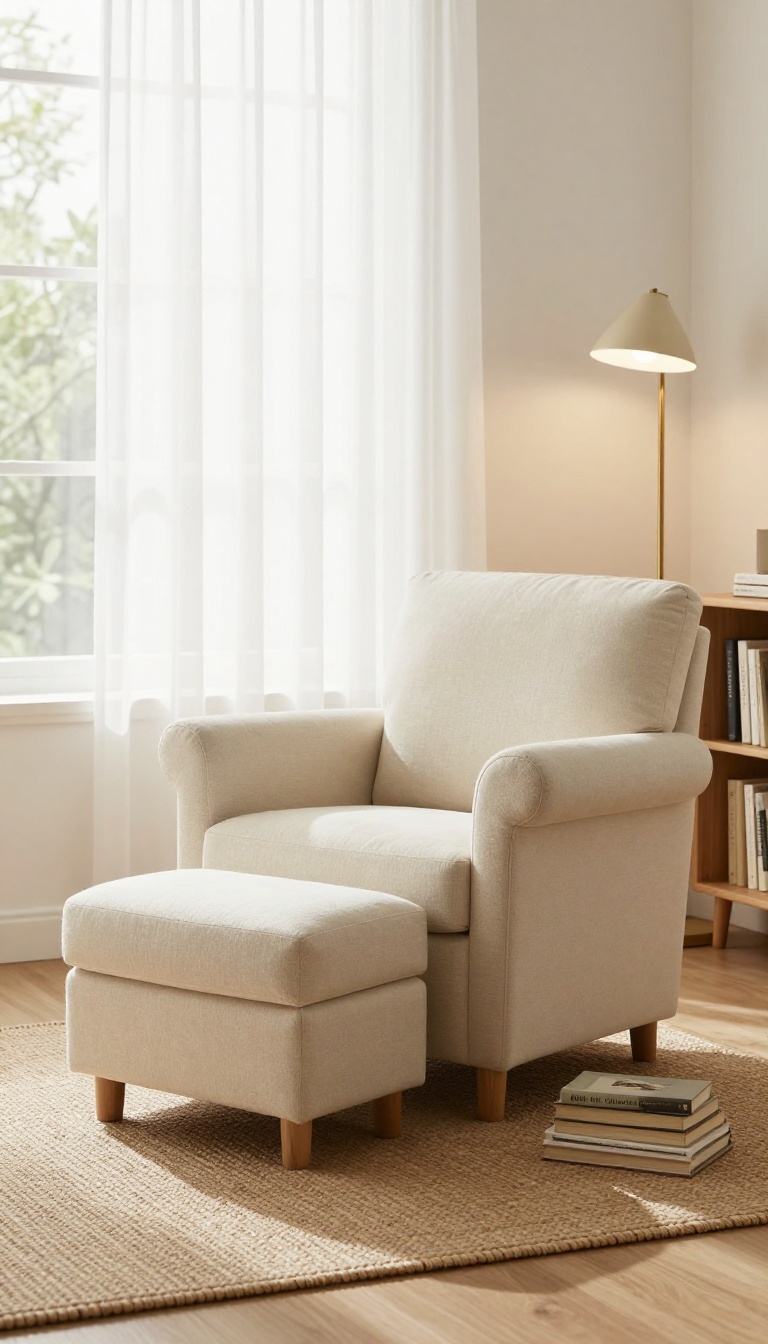 Cozy bedroom reading corner with a matching armchair and ottoman angled toward a bright window, styled with a rug, books, and a floor lamp