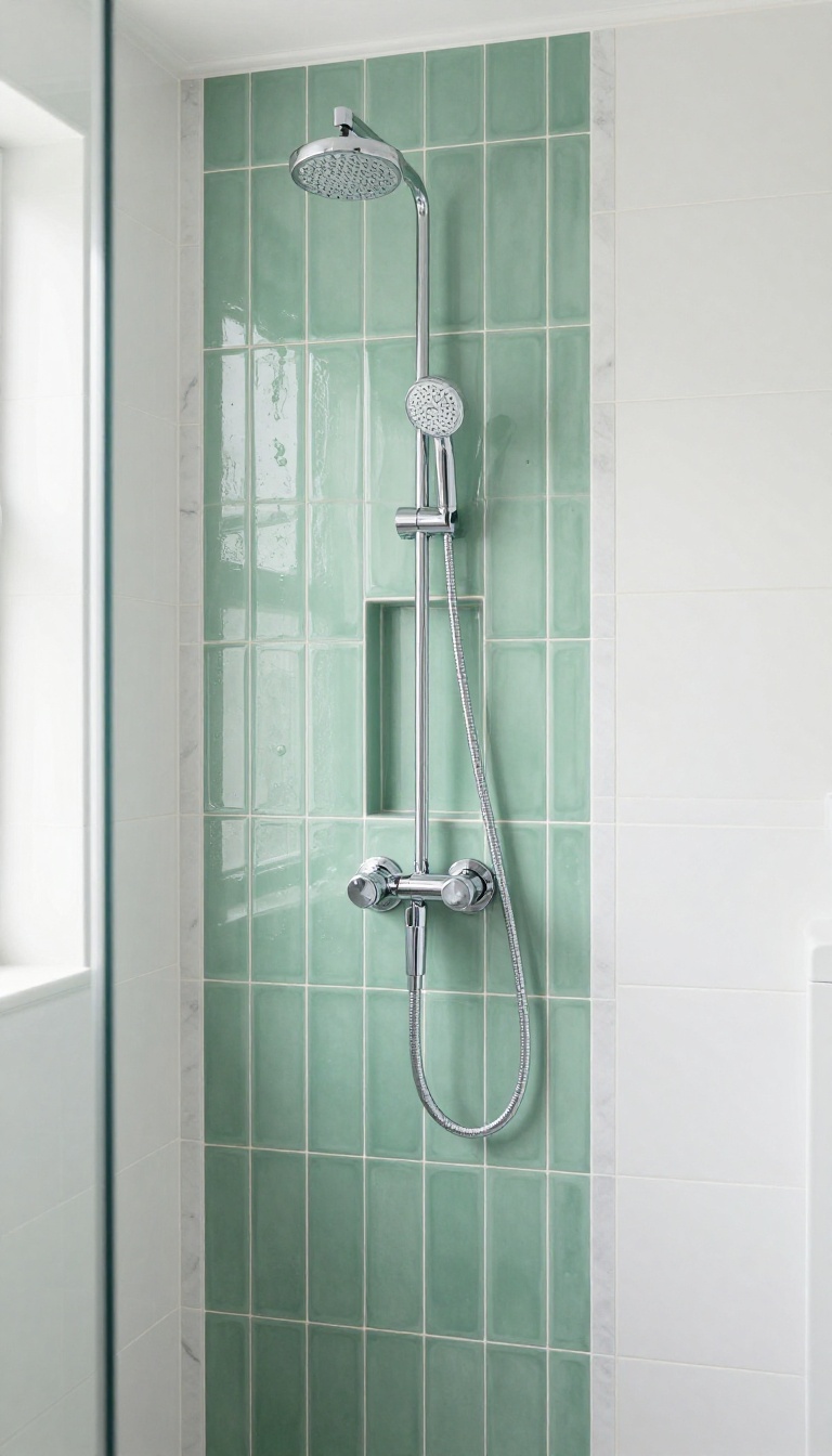 Bright modern shower with a narrow sage green vertical accent tile strip running from floor to ceiling against matte white field tile, aligned with a built-in niche