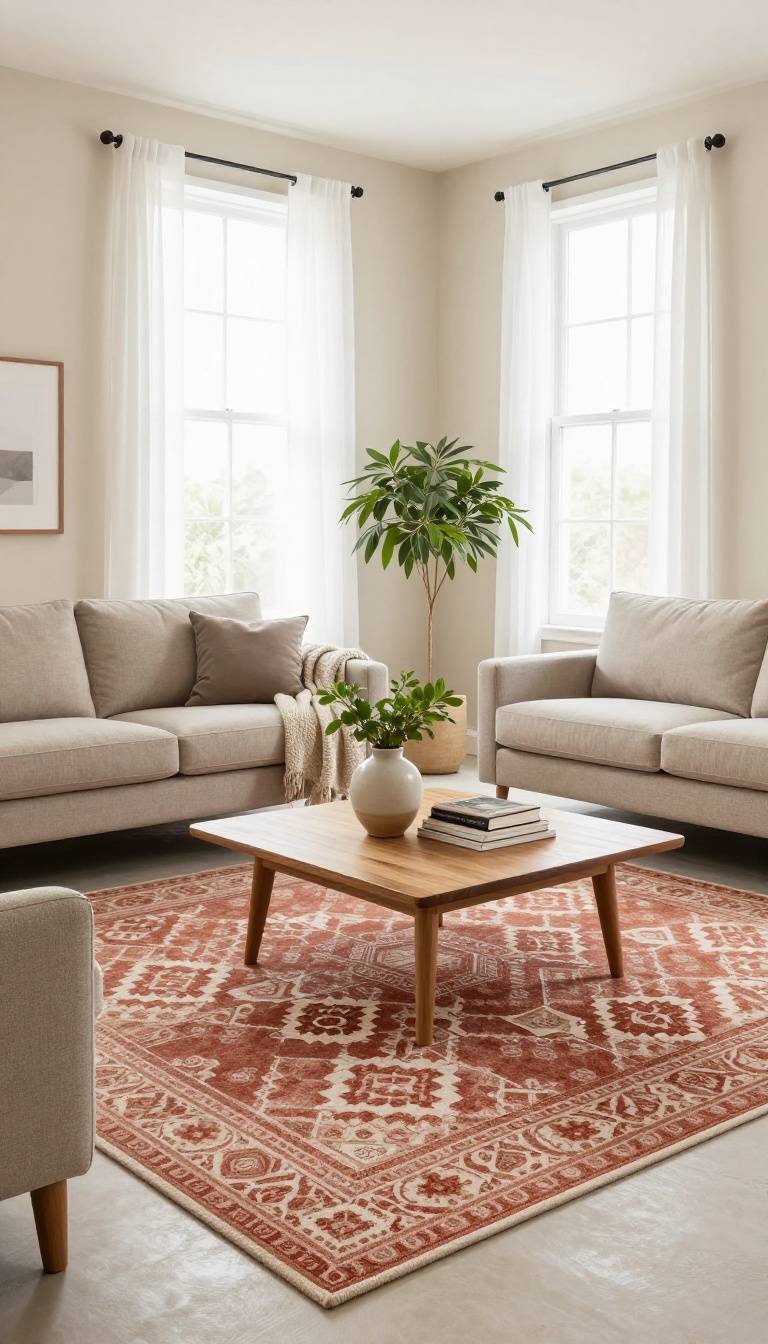 Bright rental living room with a large patterned area rug layered over beige carpet, anchoring a sofa and chairs under natural light