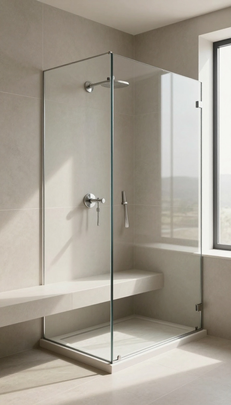 Walk-in tiled shower with a floating bench finished in the same tile as the walls for a seamless custom look