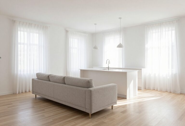 Bright open-plan living room and kitchen with white walls, light wood floors, and a small island with pendant lights.