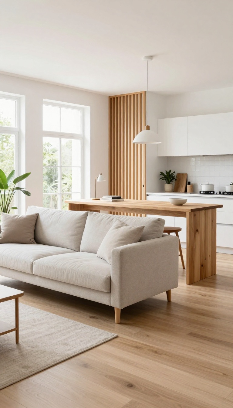 Bright open-concept living room with a slim console table behind a floating sofa and a slatted wood room divider softly separating the kitchen, with natural light passing through