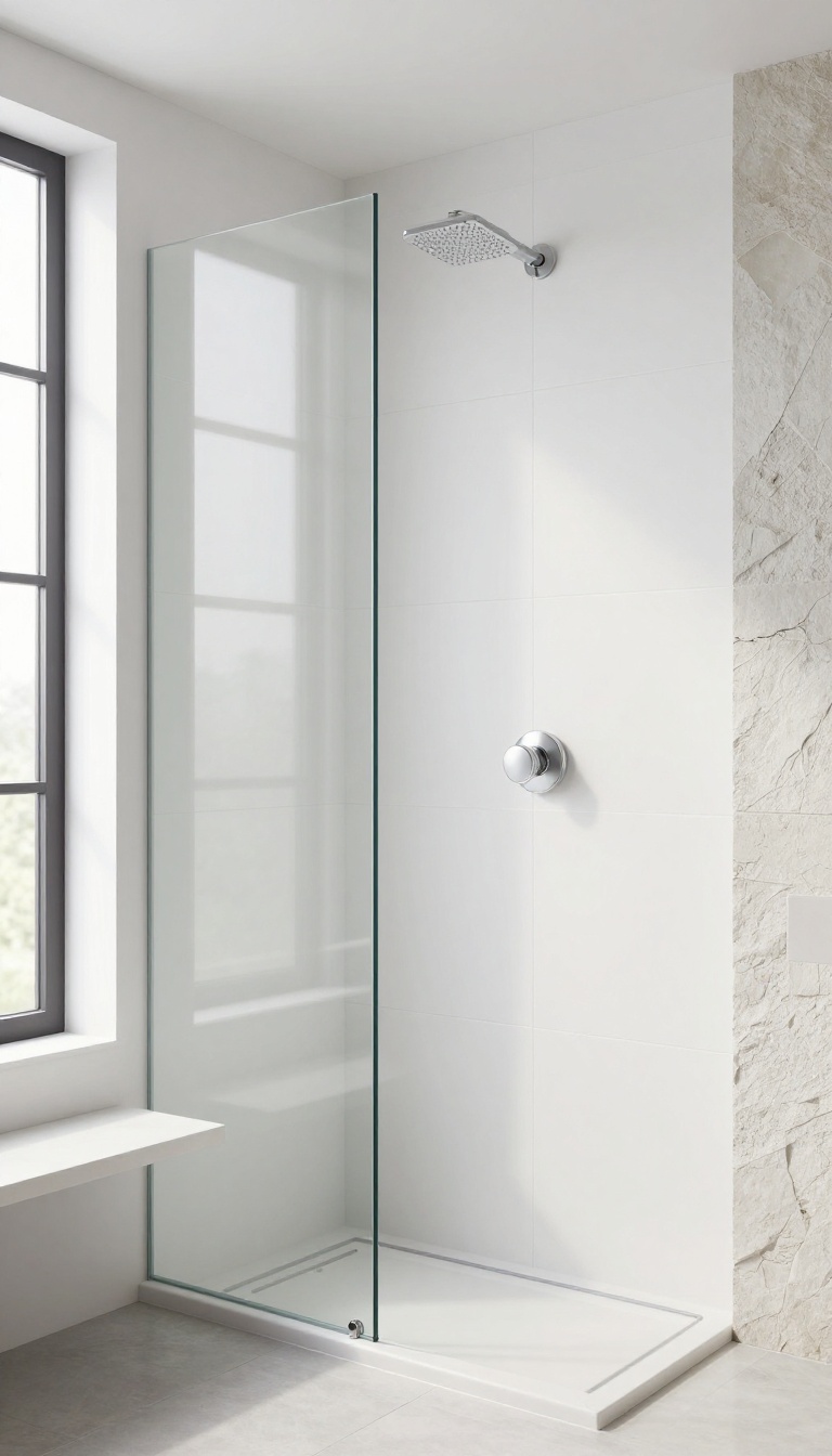 Modern walk-in shower with seamless waterproof wall panels, no grout lines, in a bright, spa-like bathroom