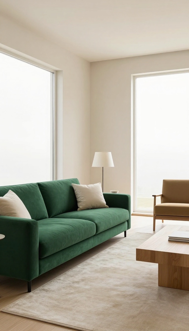 Modern two-tone living room with a deep green statement sofa, cream walls, and a large light rug under bright natural light