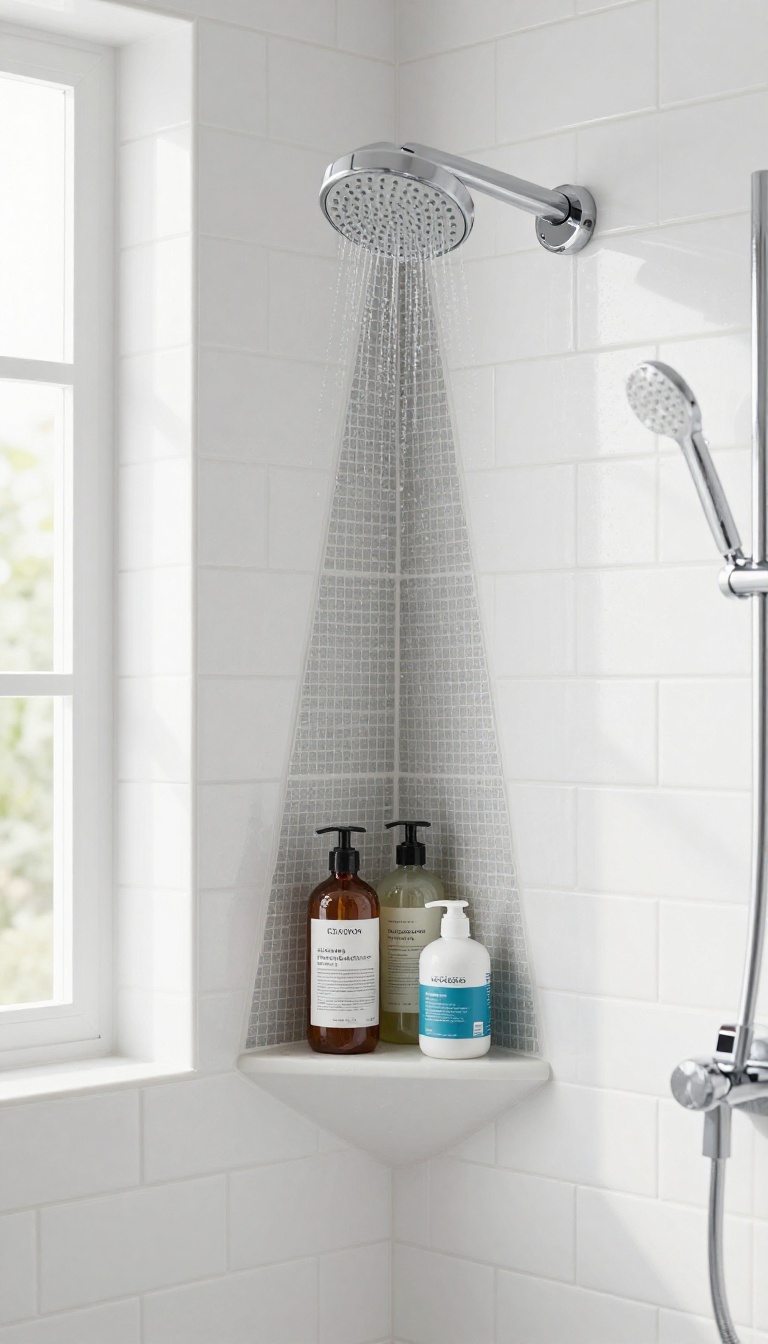 Corner shower niche built into the angle of two tiled walls in a small modern shower, holding shampoo bottles with a chrome showerhead nearby