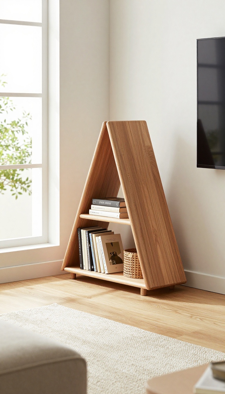 Corner wooden TV stand tucked into a living room wall angle with warm natural light
