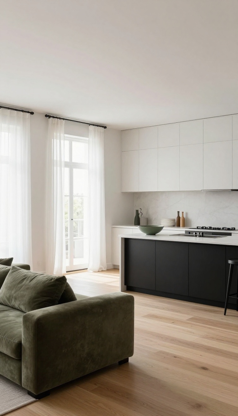 Open-concept living room and kitchen sharing a consistent white, greige, charcoal, and olive green color palette with matching matte black finishes