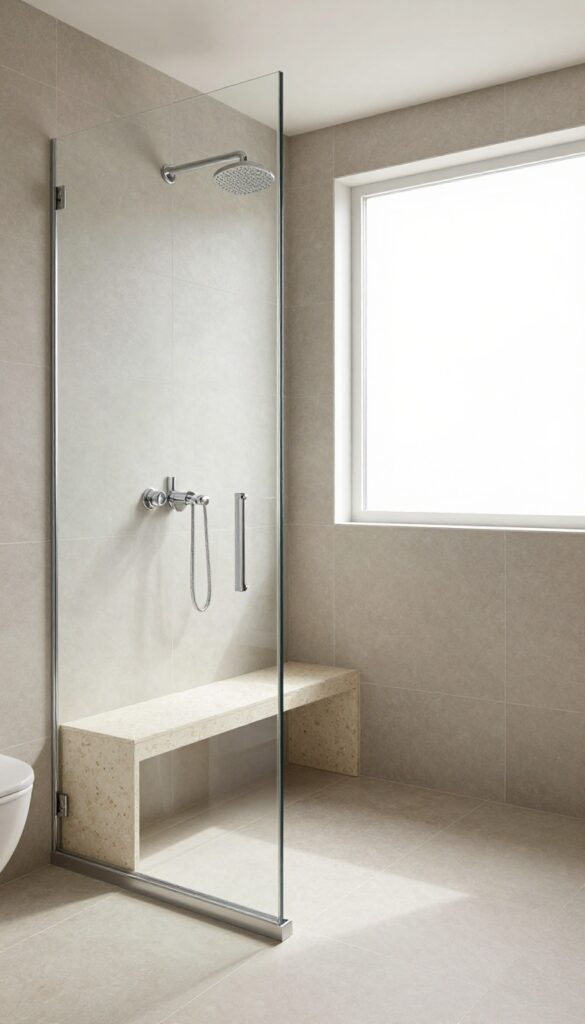 Natural stone bench in a bright, modern shower with travertine texture and spa-like ambiance.