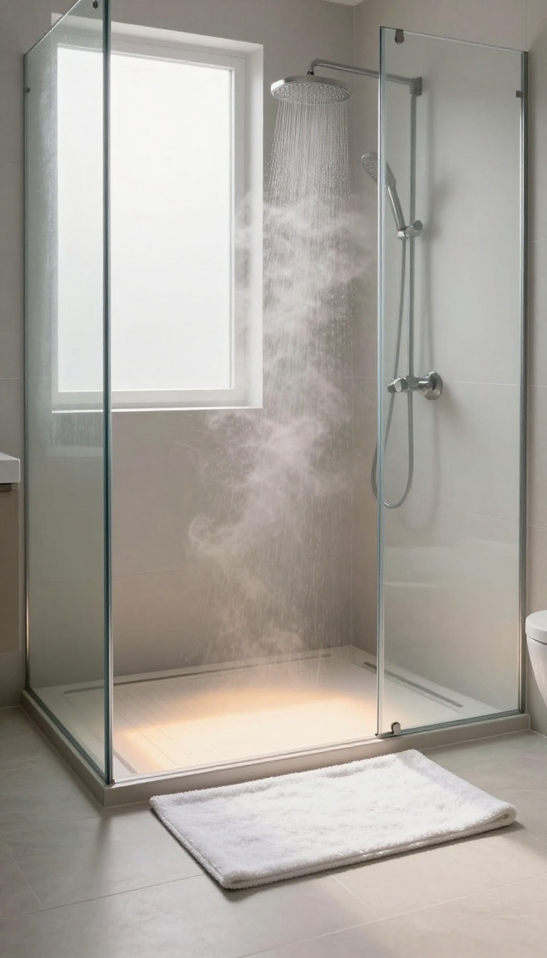 Modern bathroom with a heated tile floor and a walk-in shower, bathed in warm natural light, showcasing the comfort of radiant heating.