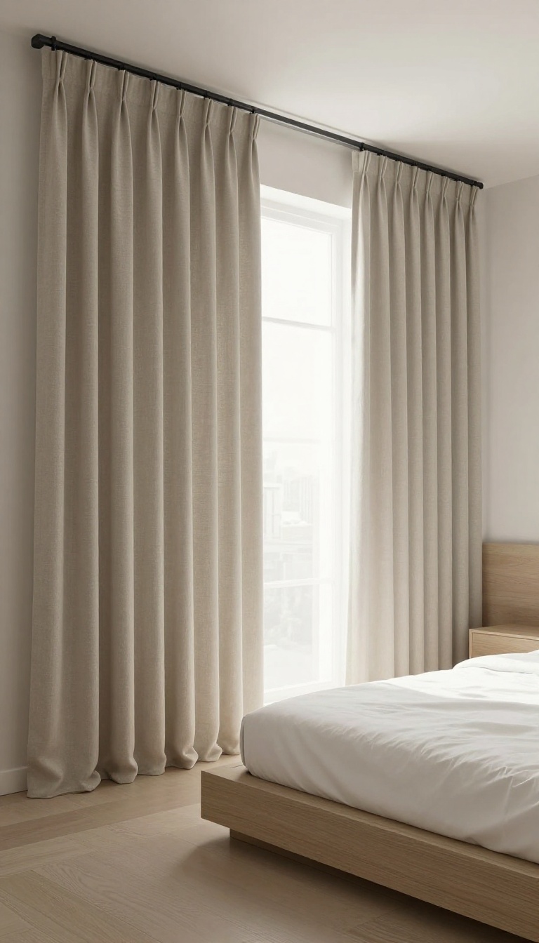 Modern bedroom with blackout curtains mounted on a ceiling track for full light coverage