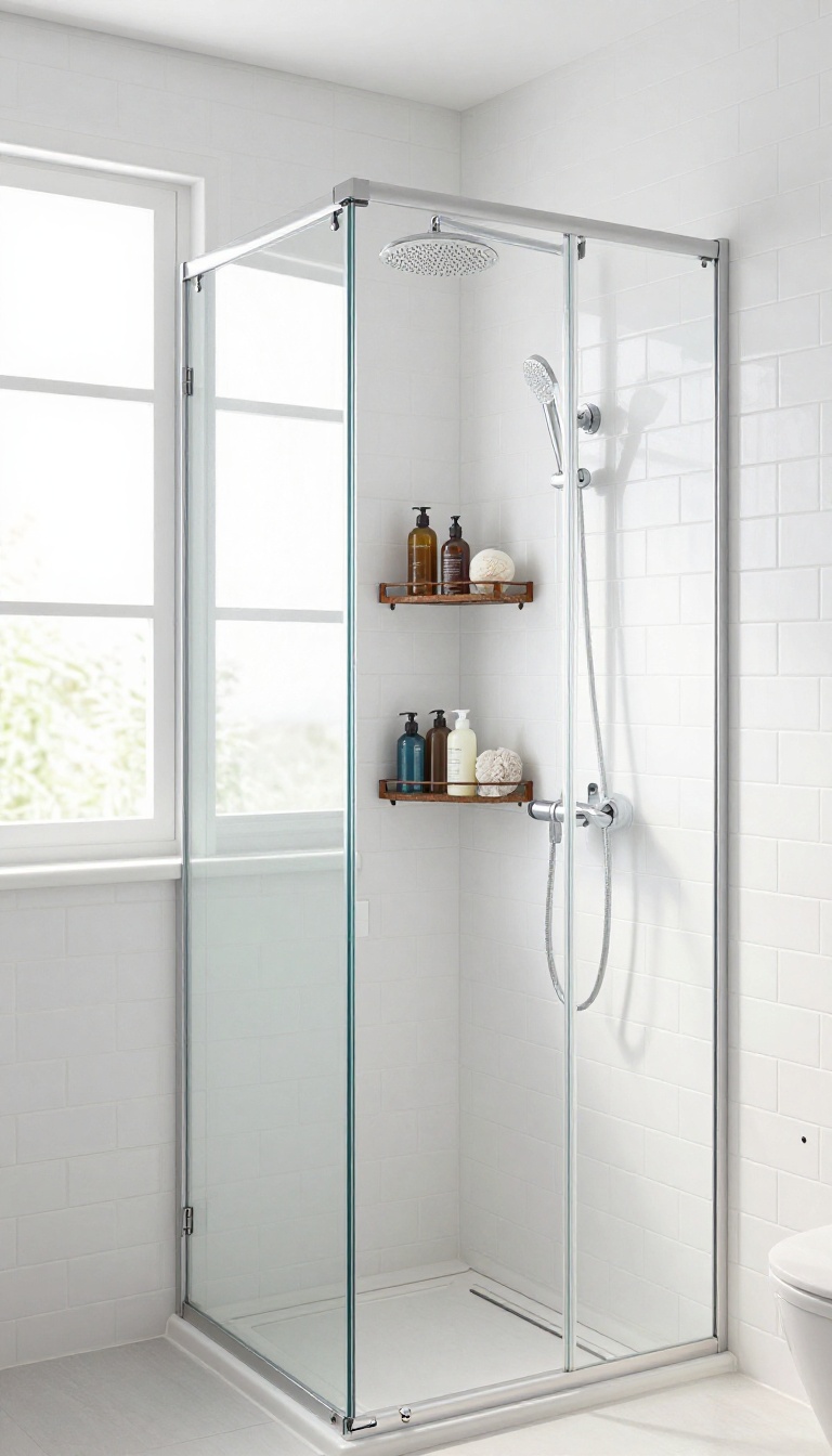 Tension pole shower caddy in a modern bathroom shower