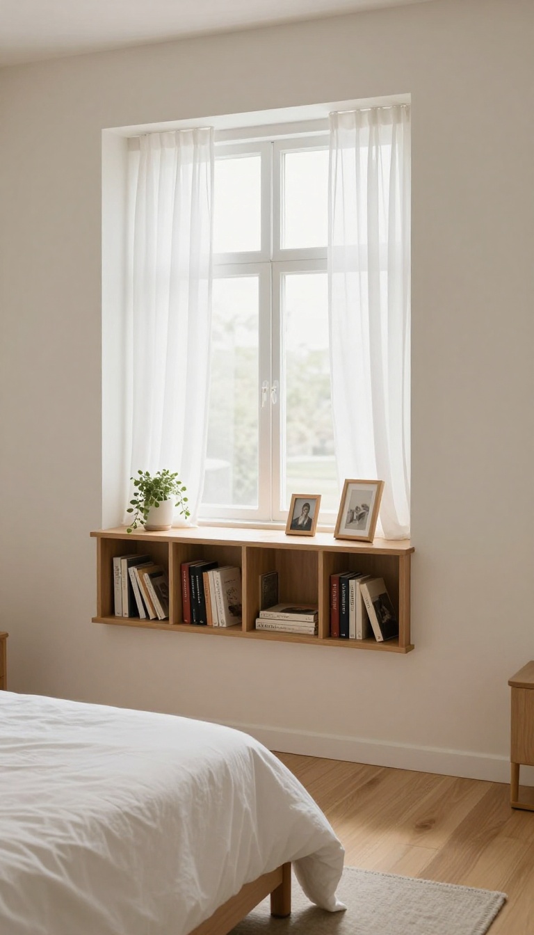 Low wooden bookshelf styled with books and a plant beneath a bright bedroom window