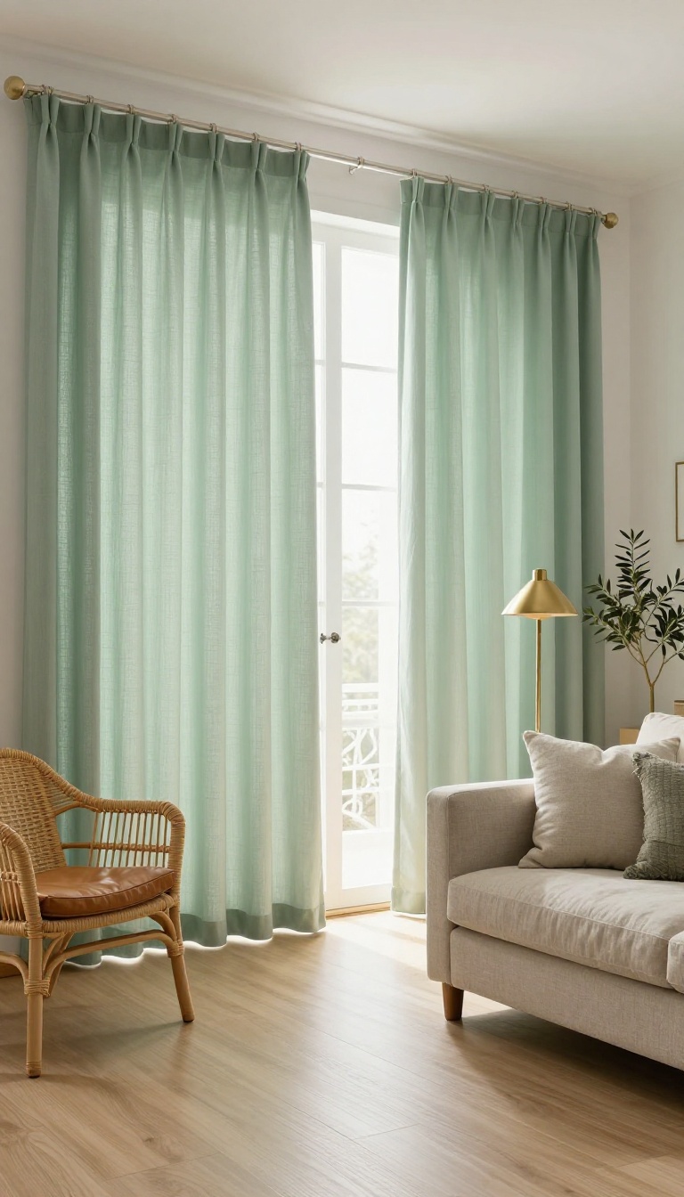 Bright living room with sage green floor-length curtains, rattan chair, brass lamp, and light wood floors in soft natural light