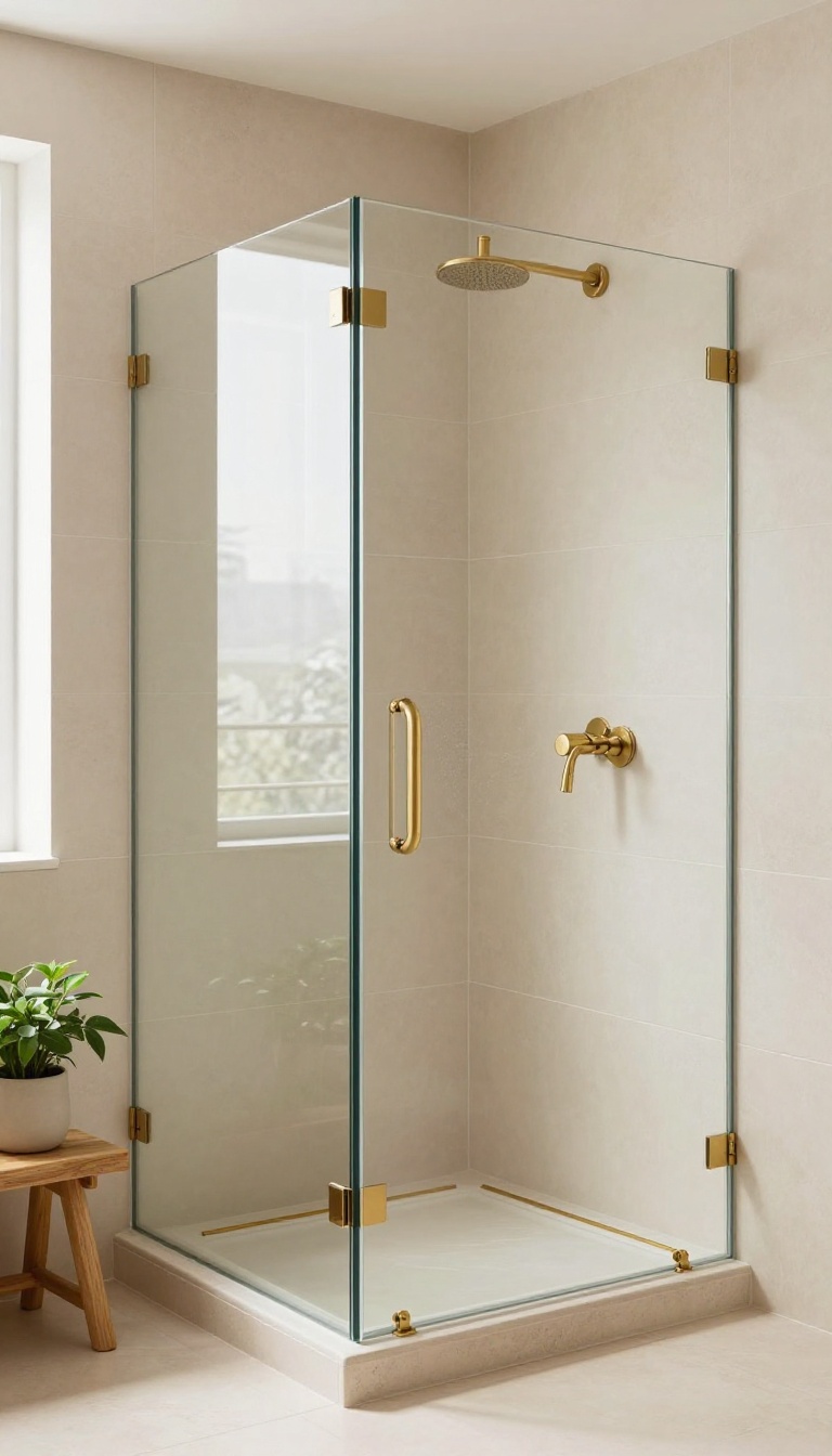 Walk-in tiled shower with warm beige tile and brushed brass fixtures in bright natural light