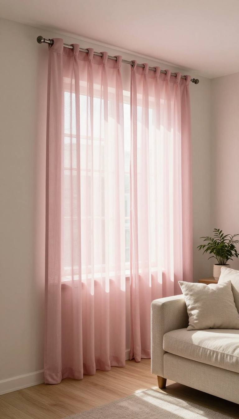 Soft pink sheer curtains filtering warm afternoon sunlight in a cozy apartment living room
