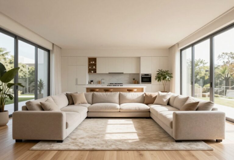 Open concept living room with a sectional sofa, area rug, and clear pathway to the kitchen.