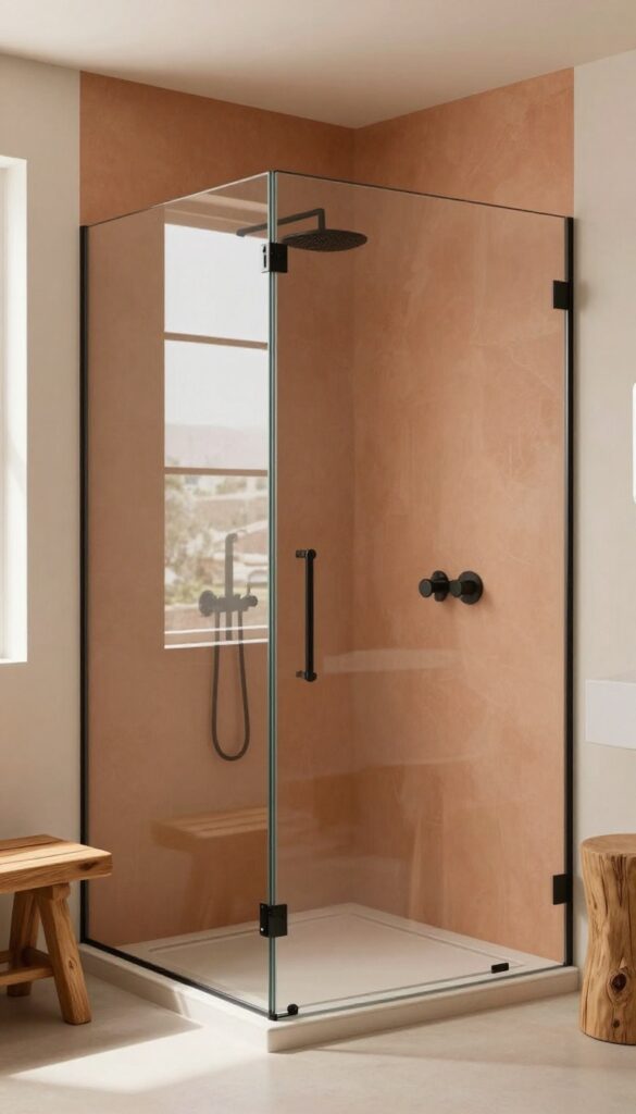 Modern bathroom with terracotta back-painted glass shower screen, matte black fixtures, and wooden accents in natural light