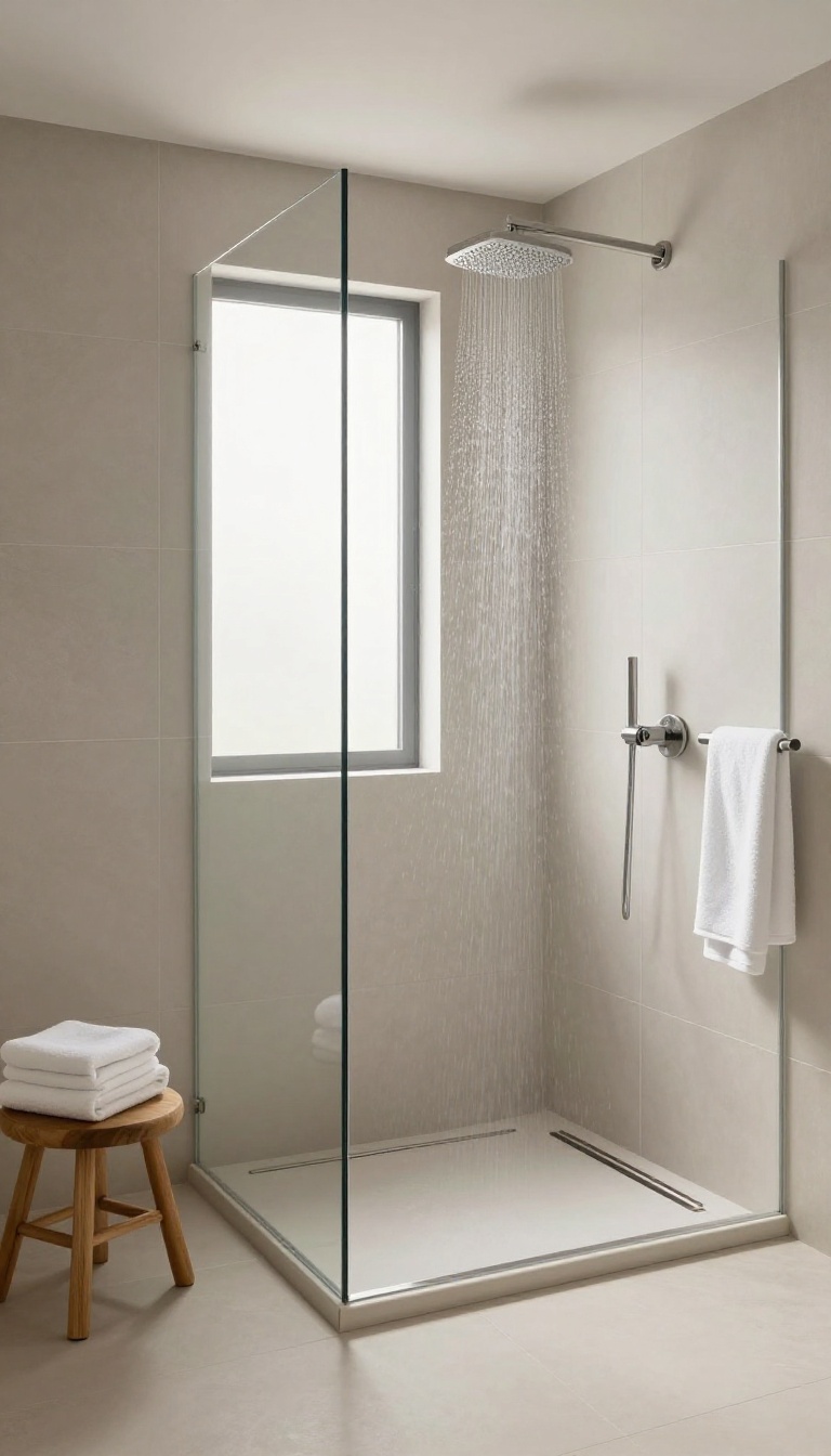 Modern walk-in shower with a flat tiled floor and a sleek linear drain, showcasing a seamless curbless design.
