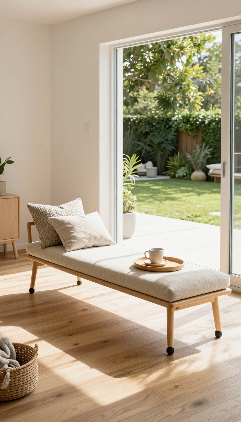 Freestanding window seat bench on casters with cushions and a tray beside bright sliding glass doors in a sunlit living room