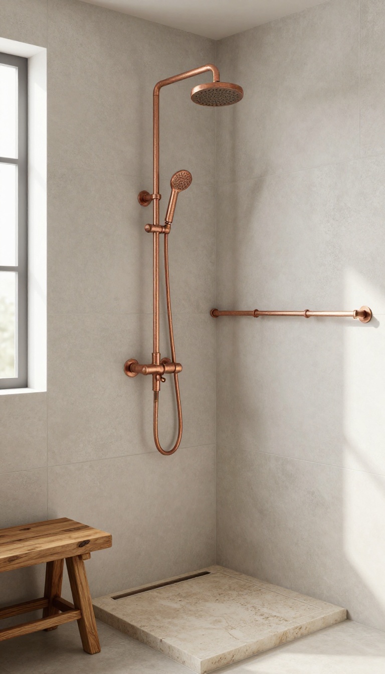 Rustic bathroom shower with exposed copper pipes, concrete tiles, and wooden accents