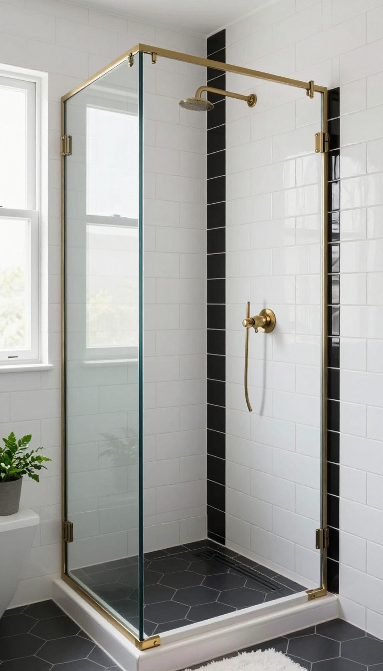 Modern shower with white subway tile walls, a bold black vertical tile stripe, black hexagon floor, and brass fixtures in bright natural light