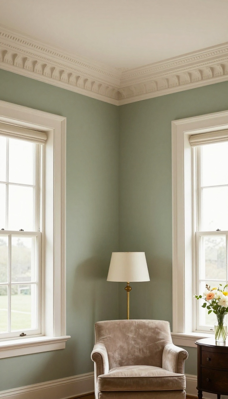 Victorian-era layered crown molding with stacked profiles and deep shadow lines along a living room ceiling, lit by bright natural light