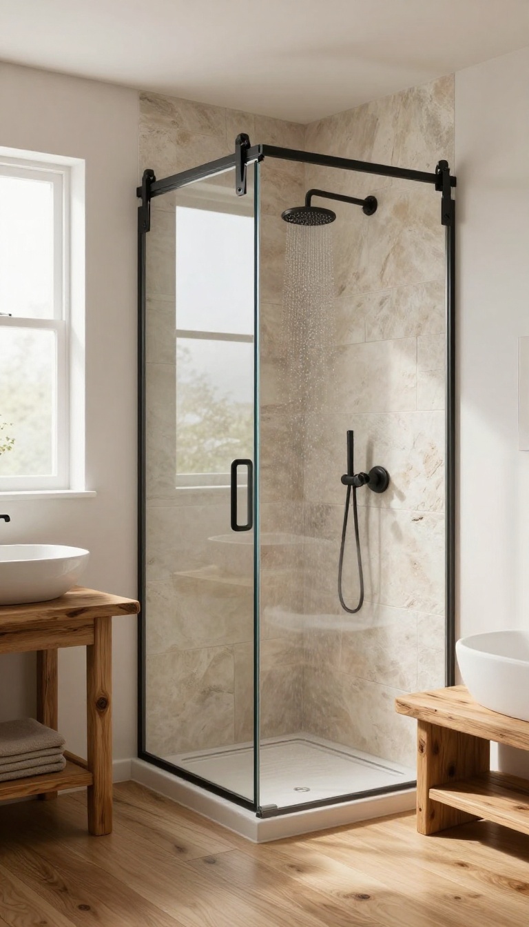 Modern rustic bathroom with a sliding barn-style glass shower door, featuring matte black hardware and natural wood accents.