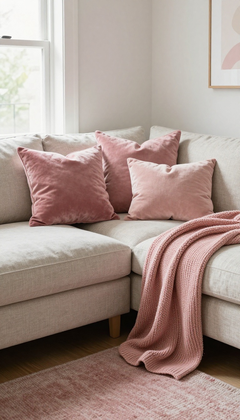 Cozy apartment living room with a dusty rose rug, neutral sofa, and layered pink throw pillows and chunky knit blanket in natural light