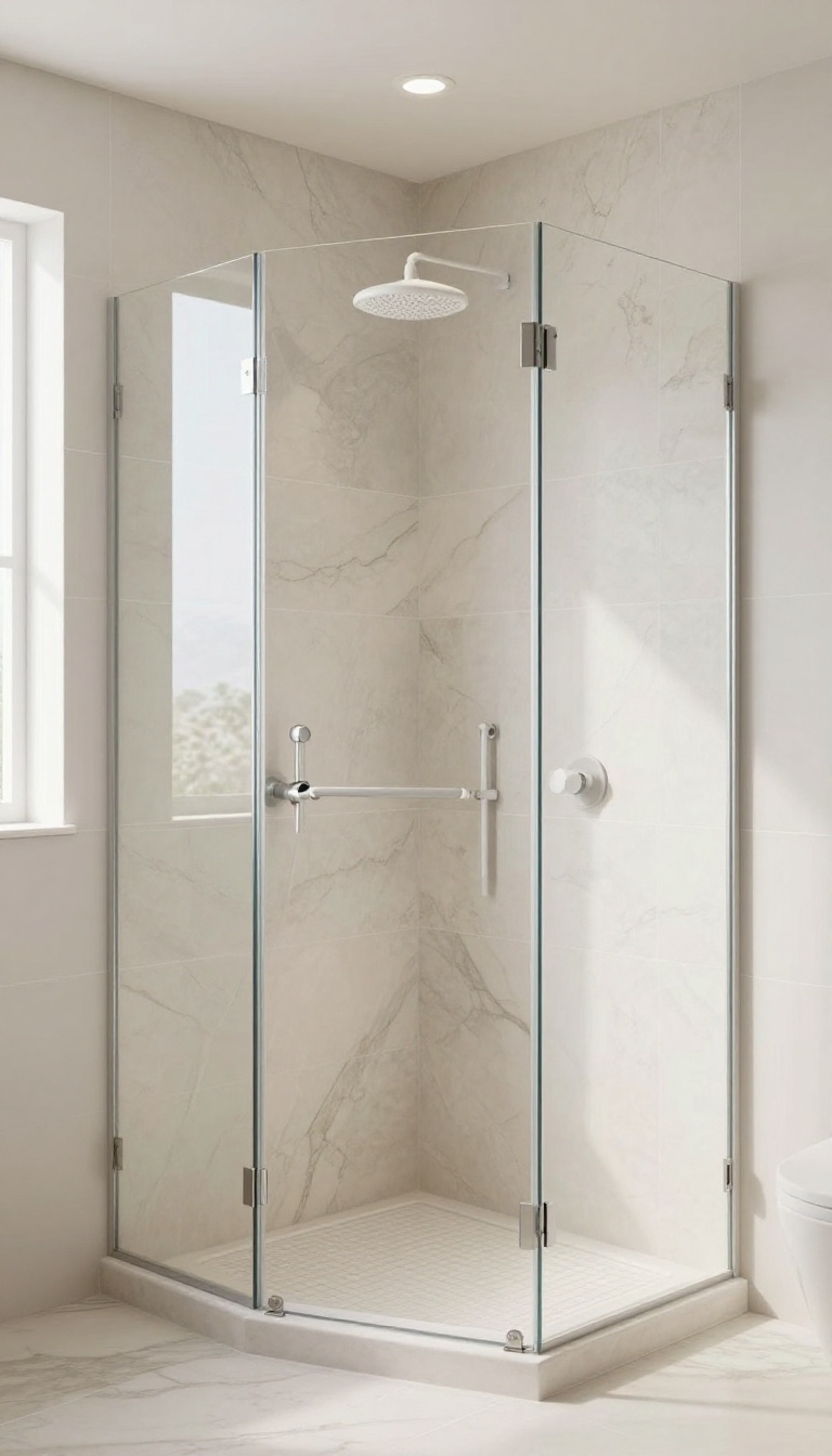 Walk-in shower with light onyx tiles and white grout, bright and spacious