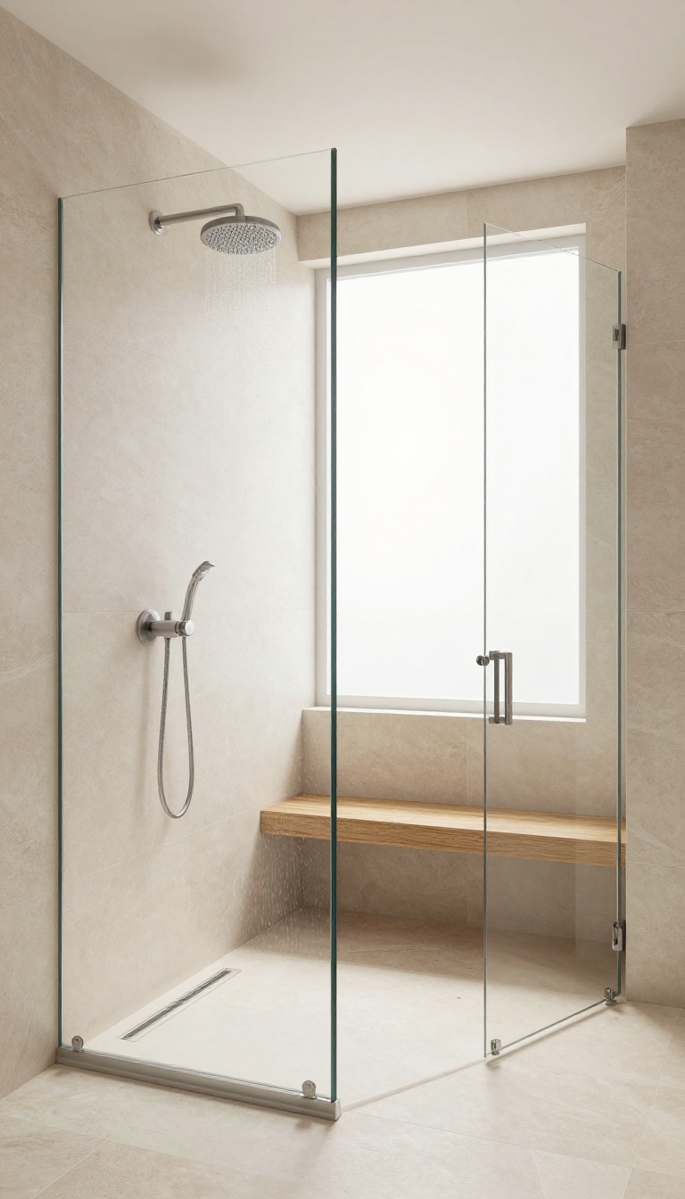 Open walk-in shower with a linear drain and no glass door in a modern bathroom