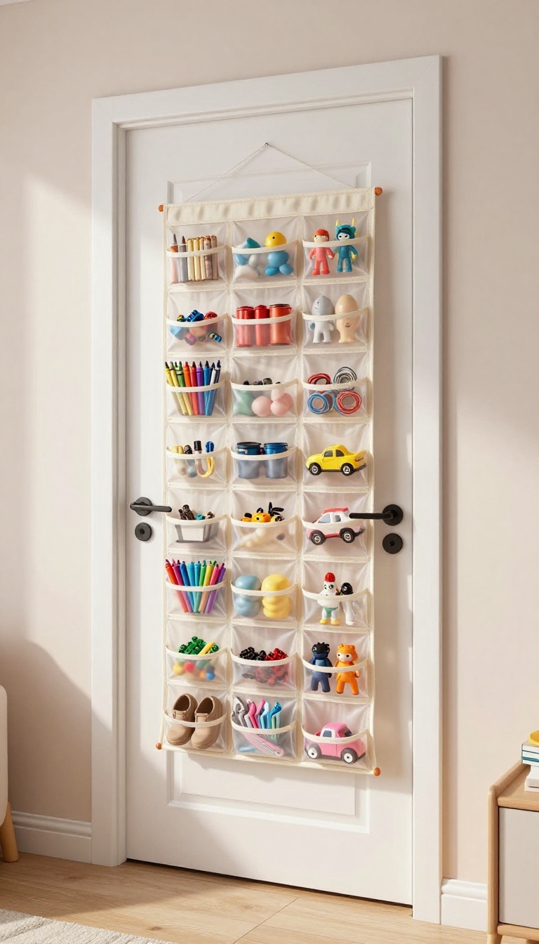 Over-the-door clear pocket organizer filled with small kids' toys and craft supplies on the back of a bedroom door in a bright shared kids' room