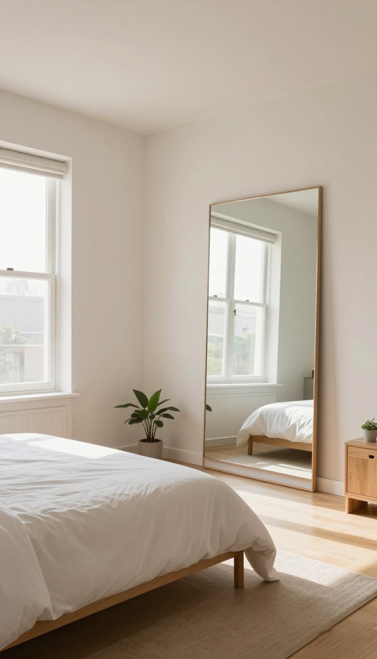 Bright small spare bedroom with a large mirror mounted opposite the window bouncing natural light across the room