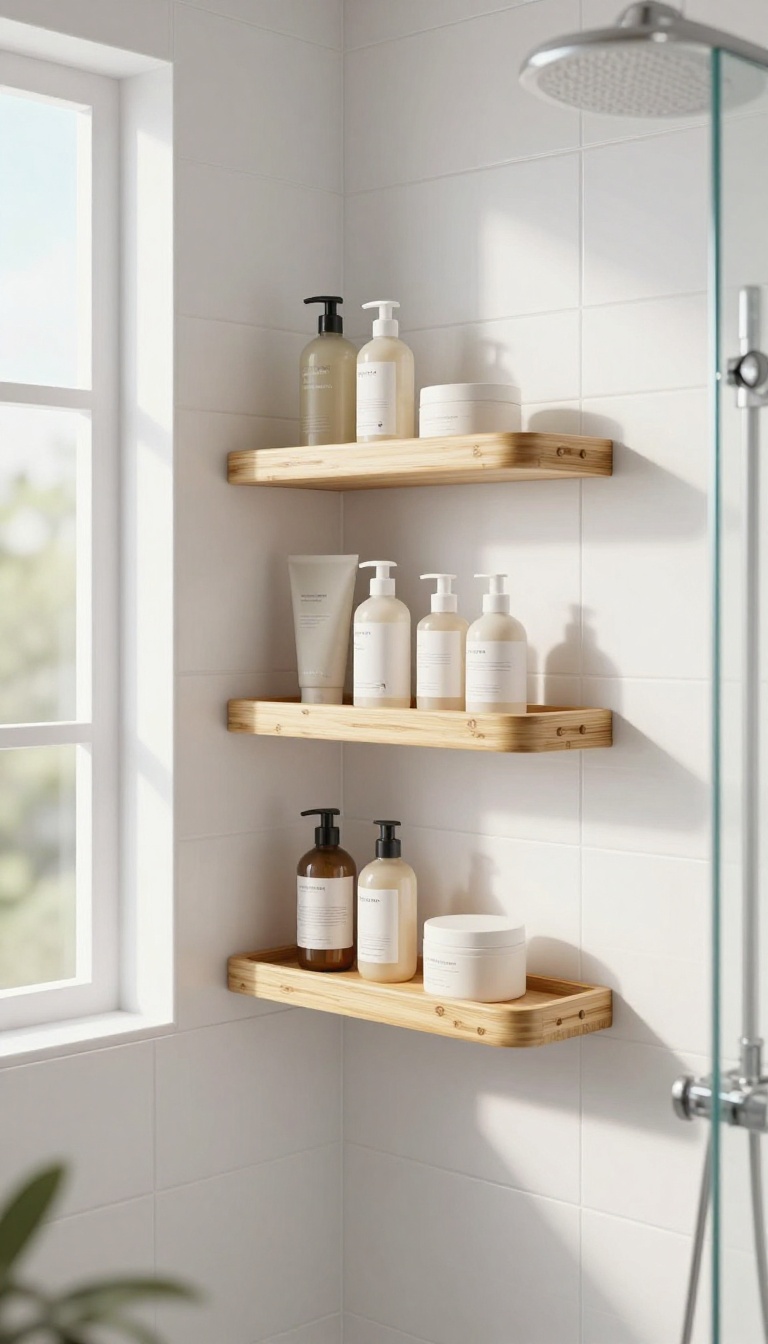 Modern shower corner with a bamboo corner shelf holding toiletries in a bright, tiled bathroom