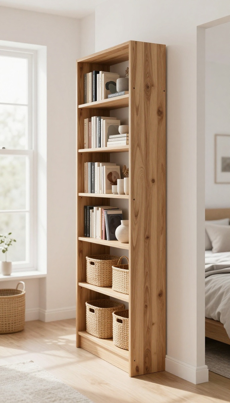 Open-shelved wooden bookcase acting as a room divider between a bedroom and living area in a bright studio apartment, styled with books and woven baskets.