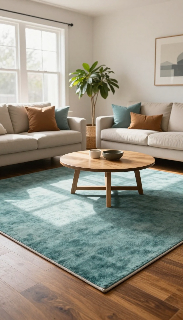 Teal area rug layered over warm brown hardwood floors in a bright living room with a neutral sofa and wooden coffee table
