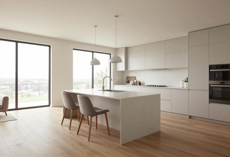 Open kitchen with island and living room seating in a bright, modern home