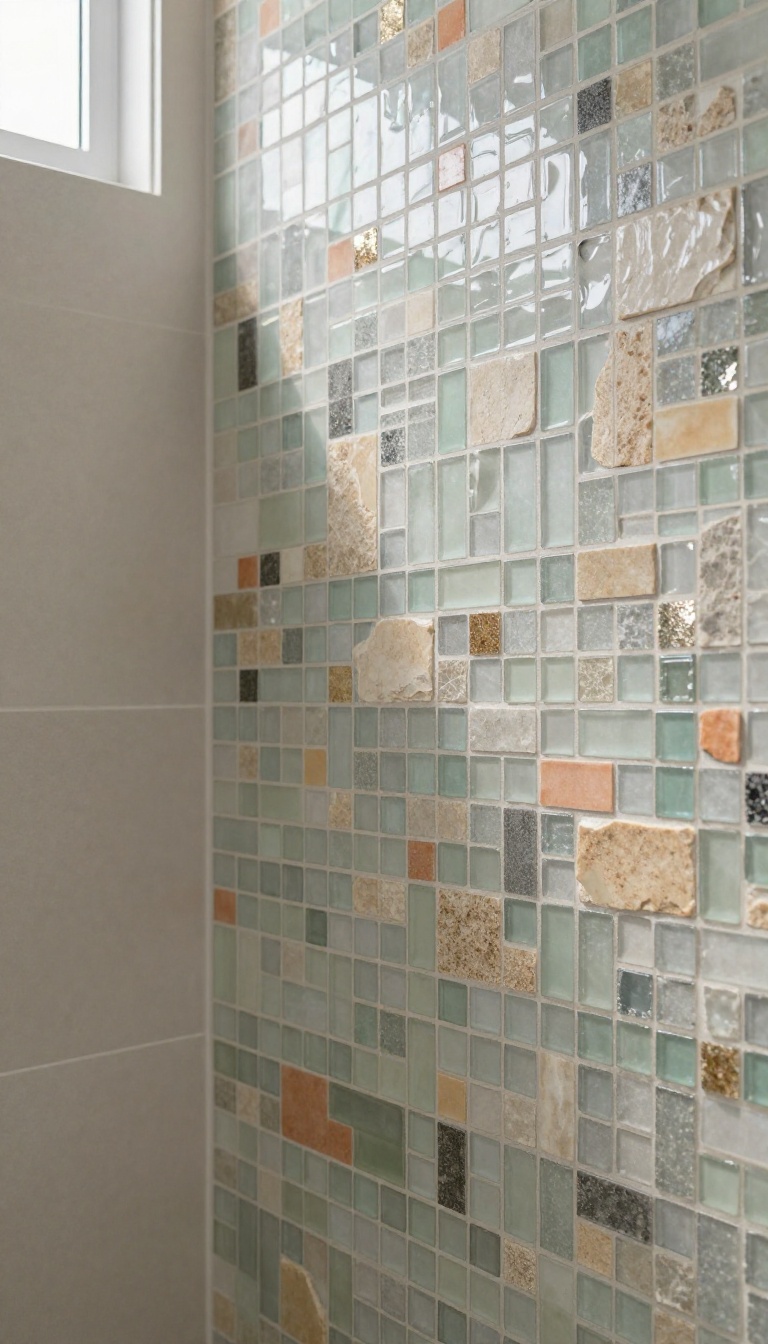 Modern shower wall with an eclectic mix of glass, stone, and ceramic mosaic tiles in earthy tones under bright natural light