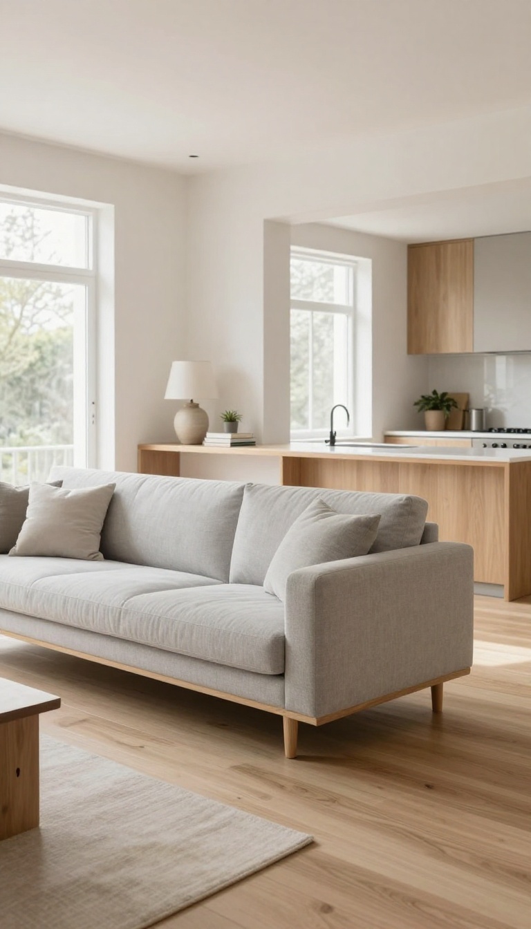Slim console table with a lamp and plant placed behind a floating sofa, dividing an open living room from a bright kitchen