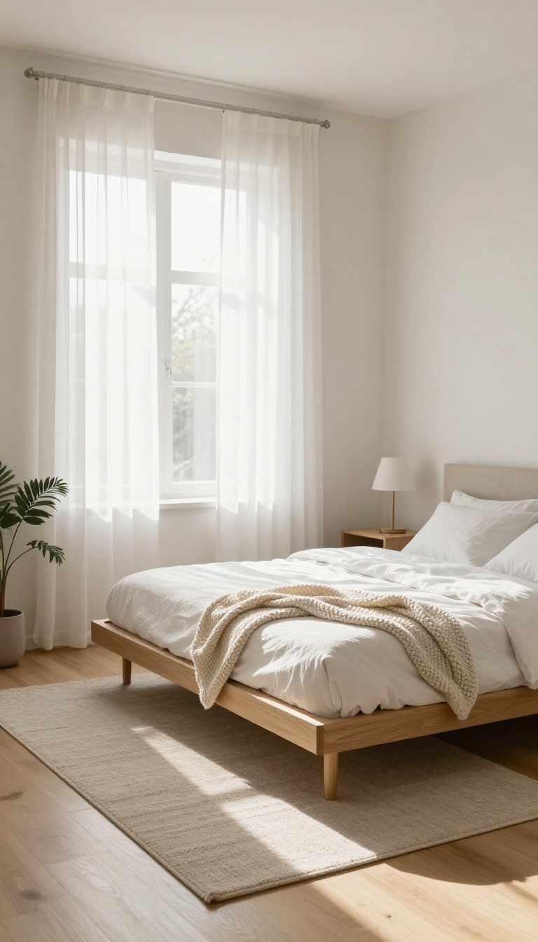 Small square bedroom with a low platform bed floated away from the walls, neutral rug underneath, and bright natural light