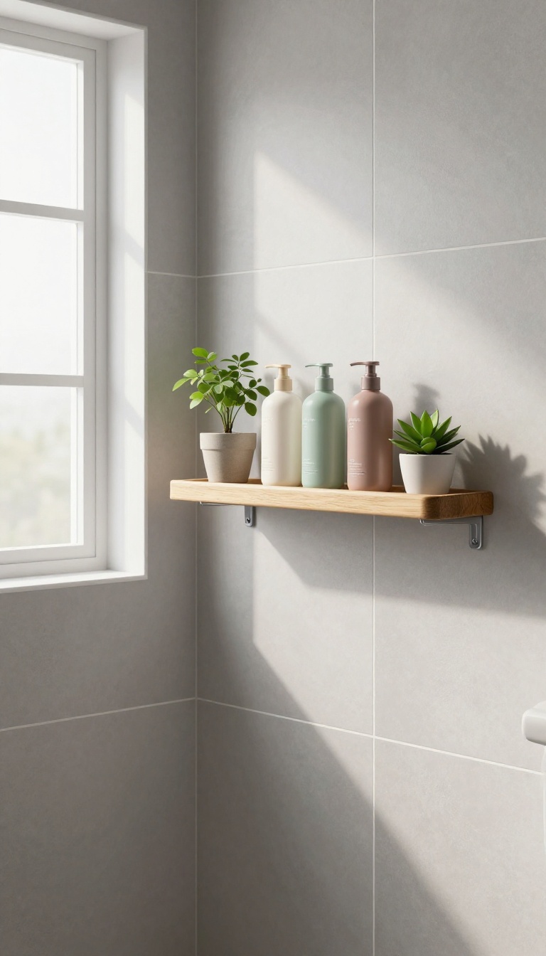 Modern shower with a floating wooden shelf holding shampoo bottles and a small plant