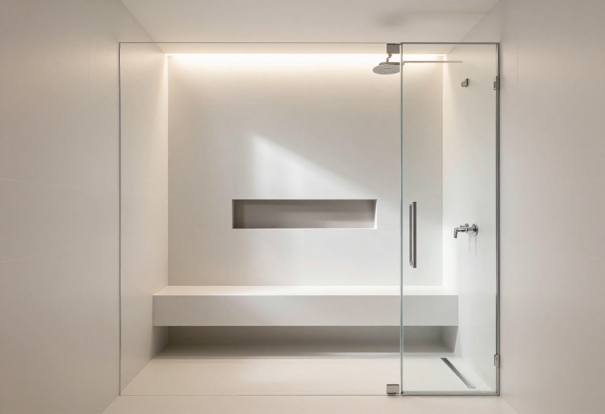 Modern master bath shower with large white tiles, niche, and bench