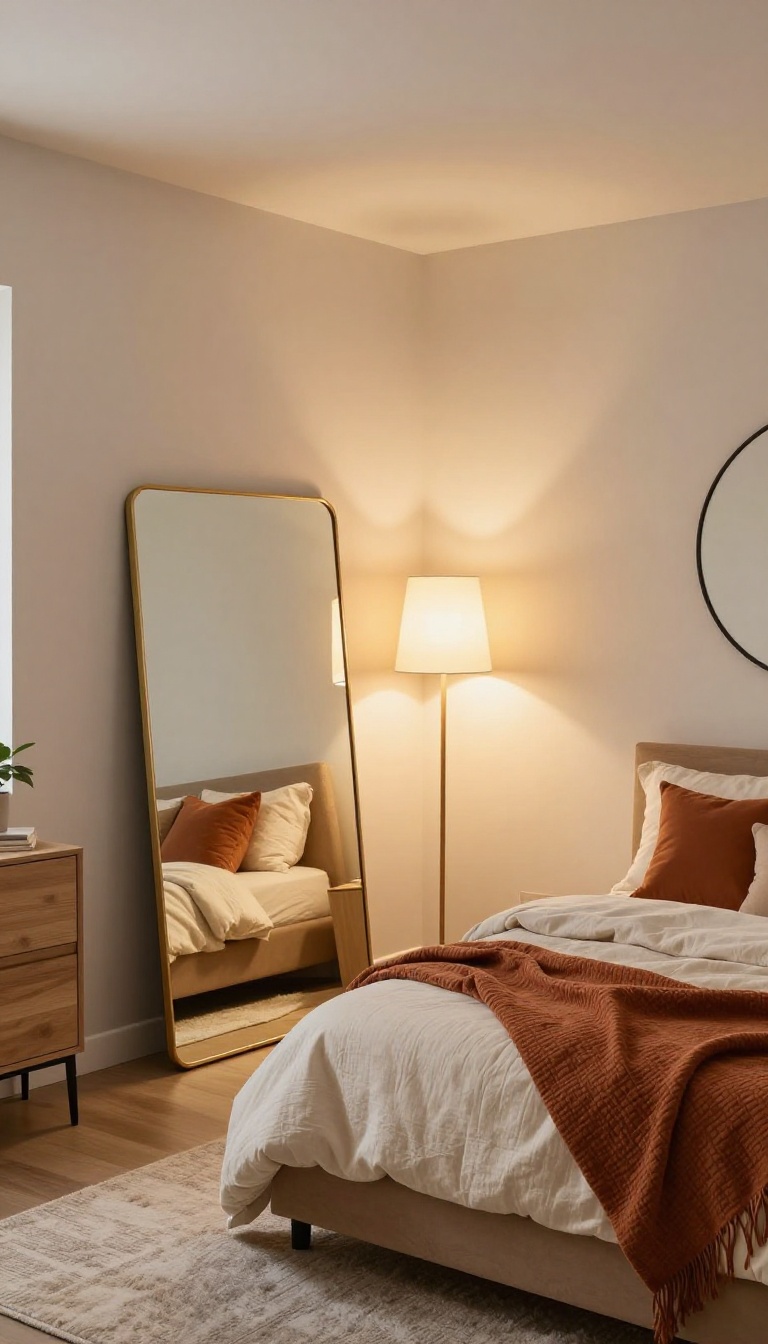 Cozy windowless basement bedroom with a large leaning brass-framed mirror and a round mirror above a dresser bouncing warm lamp light to brighten the room
