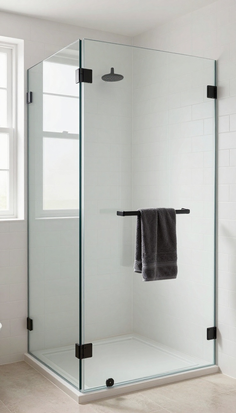 Corner glass shower with clear frameless panels and matte black hardware in a bright modern bathroom